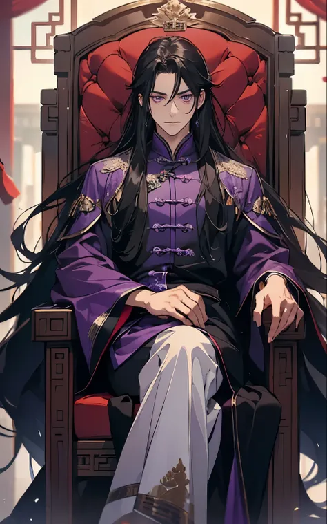 1 middle-aged man, (45 years old), long black hair, violet eyes, chinese clothes, purple clothes, sitting chniese throne, purple chinese room