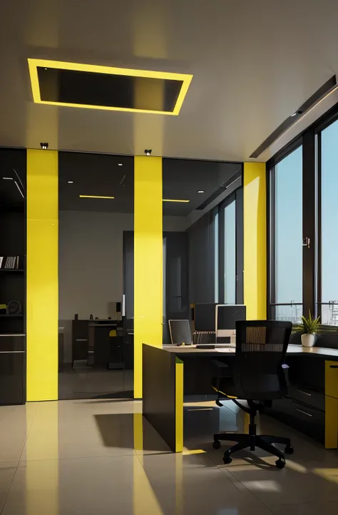 Professional 3d architecture rendering design of modern and French design for  office with black and light yellow color 