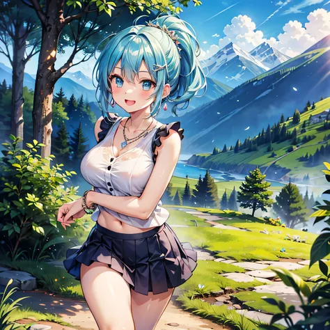 Anime Moe Art Style,Highest quality,High resolution,Anatomically correct,One Girl,Mid-teens,A girl with light blue hair in a ponytail,Super detailed,Fantasy World,Sleeveless blouse,mini skirt,Big Breasts,Shiny skin,Beautiful Skin,A rich expression,Laughing...