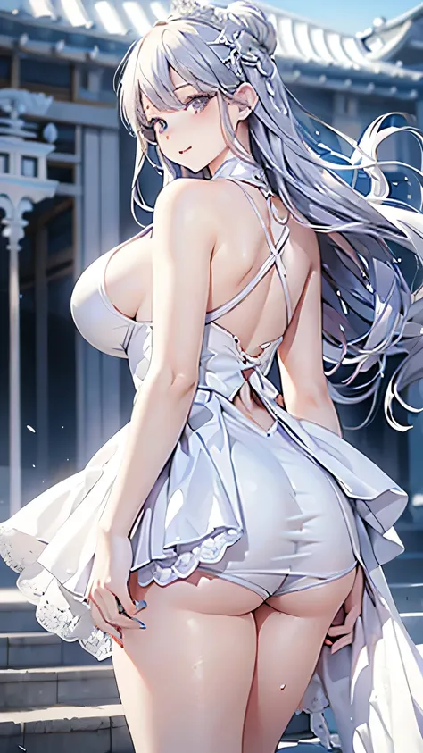 Pure white wedding dress，Backless，Fat buttocks，Long purple-gray hair，plump thighs，Childlike giant breasts，Sway with the wind，Adds a bit of agility，Rich in layers，temple，Hips