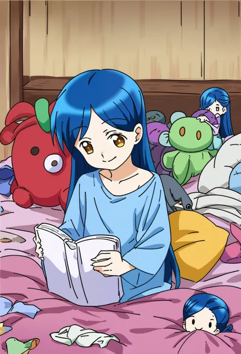 embedding:zPDXL, source_anime, rating_questionable, Myne, blue hair, smile, holding book, plushie, oversized shirt, clutter, discarded clothing, inside, bed, under covers
