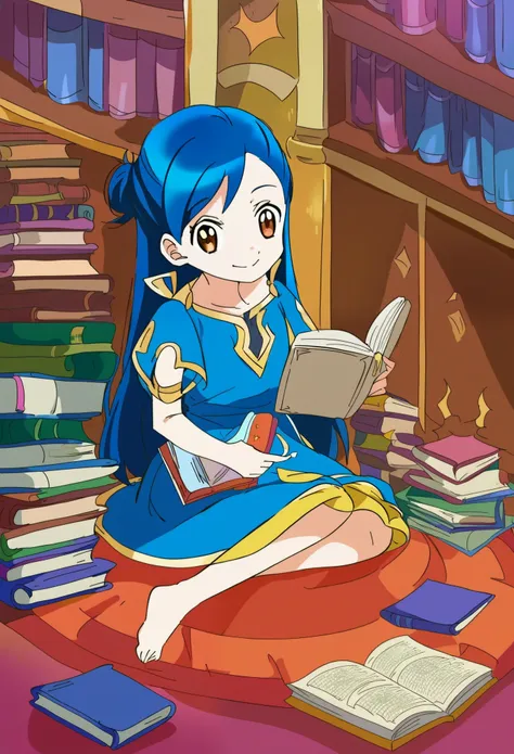 score_9, rating_safe, source_anime, myne, blue hair, sitting on the floor, dress, barefoot, reading a book, surrounded by books,...