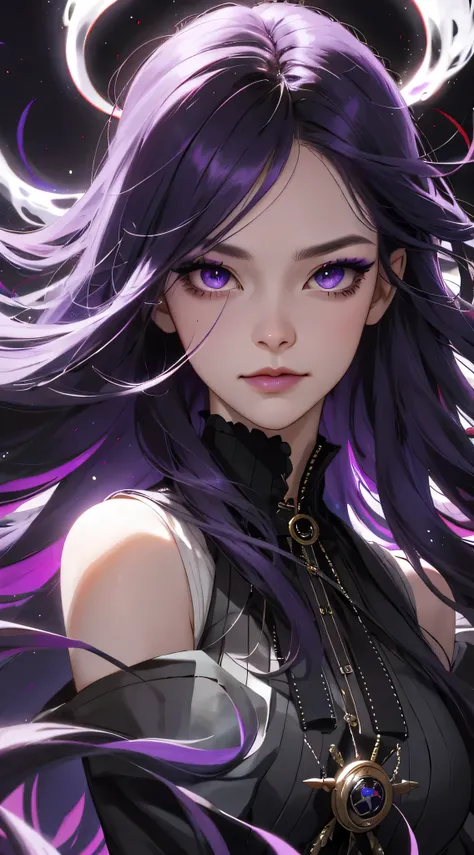 Two-dimensional girl，whaite hair(long whitr hair)(Purple pick dye)(Long and dense),Deep purple eyes(Blurred)(Hazy)(Vertical pupils)(Secret patterns),Light red blush，Long, dense black eyelashes，The demons,skull，nightmare，uncanny，misterious，alienation，Flashy...