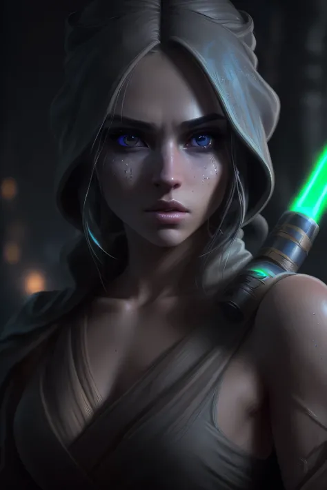 a 25 year old jedi girl, beautiful detailed eyes, beautiful detailed lips, extremely detailed eyes and face, longeyelashes, slim athletic body, wearing jedi robe and holding a lightsaber, training at the jedi academy, dramatic lighting, epic fantasy, vibra...