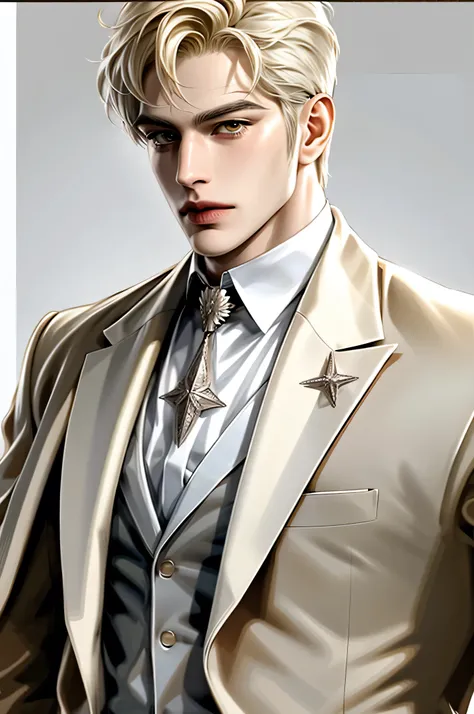 Fat, blonde hair, yellow eyes, serious sharp features, white skin, handsome, shirt, formal jacket, big body, muscular,