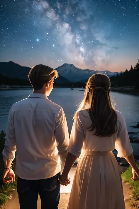 Couple, Back view, Night view, initial, Girl R, Blonde,Medium, Moderate, Teenager R, Brown Hair, Man Bun,Lovers holding hands, Starry Sky 