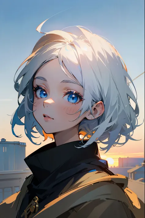 ((masterpiece:1.2, Best quality)), 4k, adult, European face, 1 person, female, Beautiful, small, dark casual wear, White skin, medium white hair, Blue eyes, portrait, sunset
