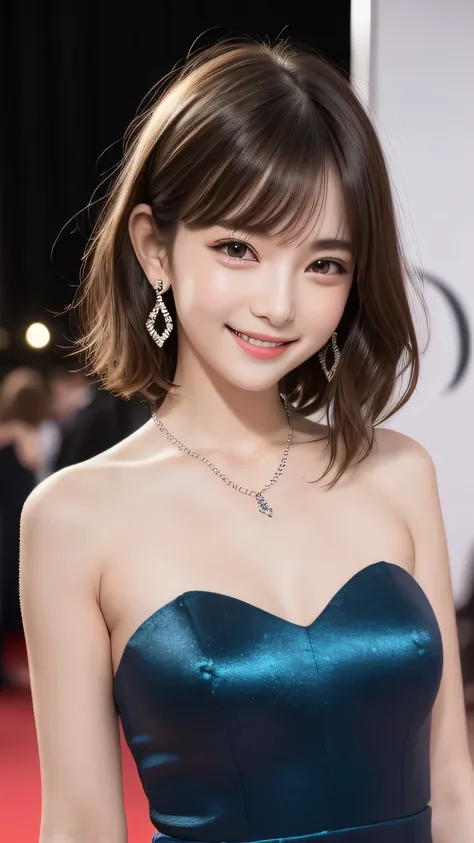 closeup shot , Best picture quality (8K, high resolution, Masterpiece: 1.2), super detailed,  215 Short Hair, 16-year-old woman, 

situation: Walking down the red carpet at a film festival or awards ceremony。
clothing: Glamorous evening dresses（Shiny mater...