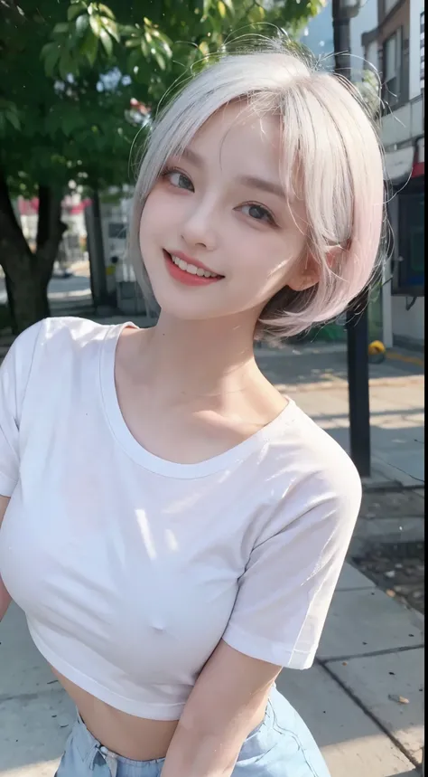 Best image quality、RAW Photos、Ultra-high resolution、21 years old Korean、Small breasts、Dynamic Angle、Cowboy Shot、The most beautiful chaos、elegant、Brutalist Design、Vibrant colors、Beautiful white hair、Short Bob、smile、fun、smile、Glowing White Skin、Beautiful eye...