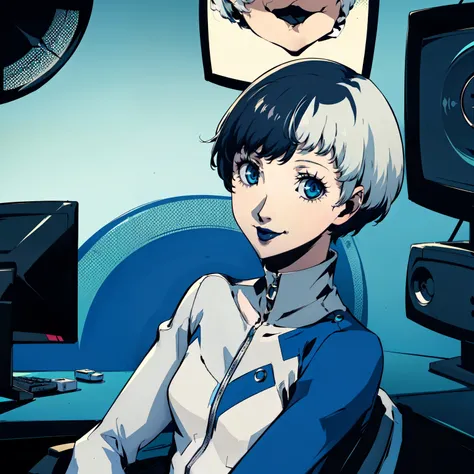 masterpiece, ((best quality)),((1 girl)), blue eyes, very Short hair, black lipstick, white hair, female , tomboy Pixie haircut, deep blue suit, white hair, white hair,smiling,hacker,in the,dark room,sitting,looking monitor,cute