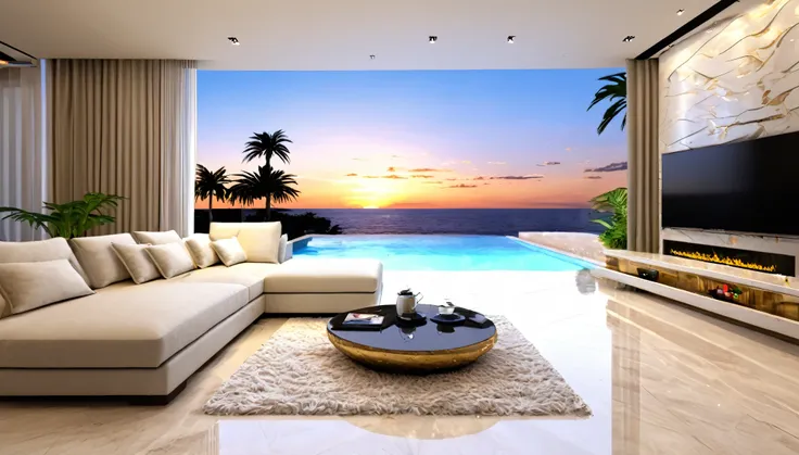 ((Beautiful Clouds))Designer lighting in front、There is a sofa and a coffee cup on the table、There is a waterfall nearby、Sunset and sea in the distance,(High-quality poolside flooring),There is a wall-mounted TV、Screen 70%The sea,4K,Ultra HD,Extravagant sp...
