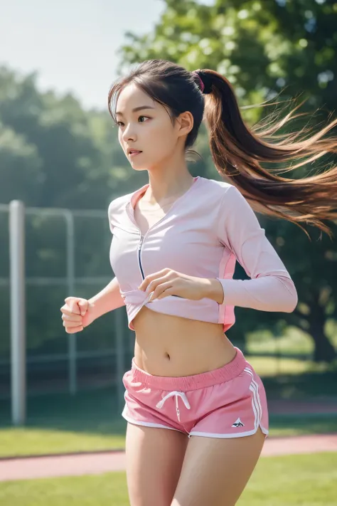 1 girl, solo, running, Gray Track Top, pink shorts, ponytail, athletic build, dynamic brushstrokes, fluid movement, capturing the essence of her athleticism and energy, using light colors and soft tones to create a dreamy and ethereal atmosphere, portrayin...