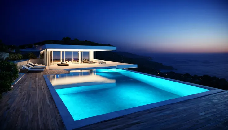 The roof of this house with a pool and ocean view is araphaed., Digital rendering by Robert Koehler, Pixabay, Conceptual Art, Breathtaking Rendering, archviz, archviz, Stunning rendering, Illuminated swimming pool, Mediterranean view, Ocean View, Overlooki...