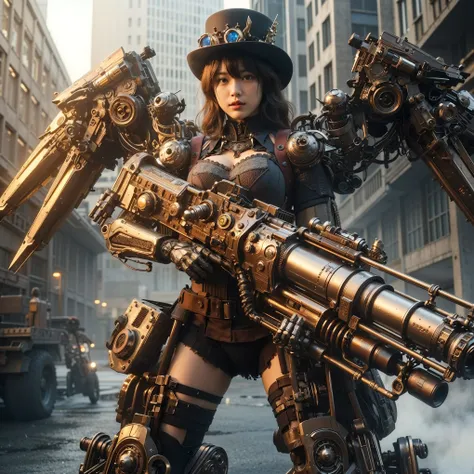 superrealism, ultra high res,8k,(Photorealsitic:1.4), (crab-like mechanical suit:1.2), designed by Hajime Katoki,heavy weapons,vivid textures,animal legs, gradation hair, japanese female soldier,(ultra beautiful face),((super realistic all textures)), ((su...