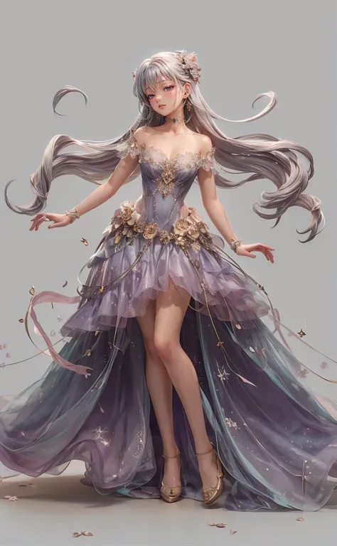 A stunning 3D render illustration of a beautiful, young woman in an enchanting fantasy evening gown, reminiscent of a blind box toy. She has long, flowing silver-white hair and wears a mesmerizing gown adorned with golden details and delicate flowers. Her ...