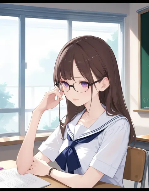 score_9,score_8_up,score_7_up,hd5,ama_mitsuki,1girl,thin,slim,skinny,upper body,brown hair,purple eyes,white serafuku,glasses,classroom,sideways glance,