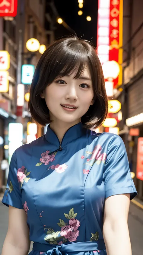 Japanese women、one person、Living in 昔のChinatown、Slightly chubby、Chinese style hair、Laughing with your mouth open、Sticking out tongue、Short sleeve blue cheongsam、Sexy pose、Very short、Old town、Chinatown at night、Dimly lit city、夜の街、