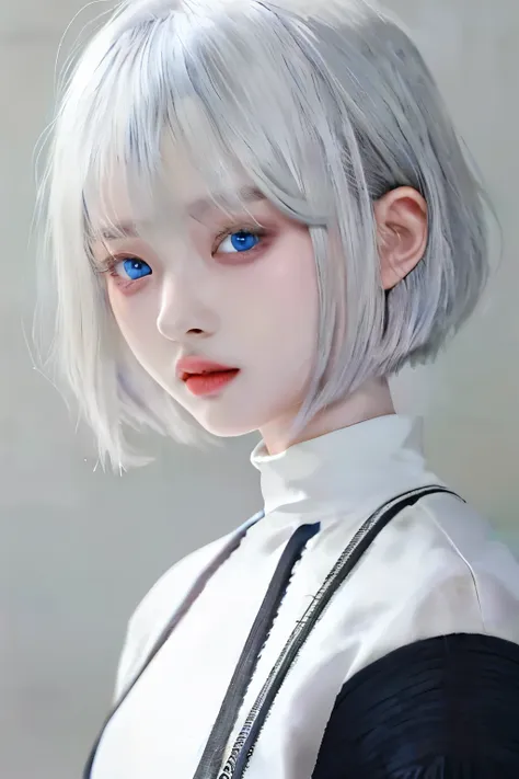 singtong, 1 woman, blue eyes, gray hair, okapa haircut