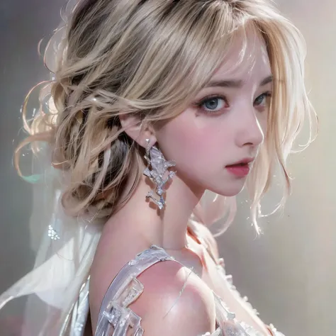 8K）、（Best image quality:1.5）、gray background、face close up、１girl、masterpiece、Delicate and sharp eyes、brown eyes、power of eyes、delicate face、cup、attractive face、platinum blonde hair、Half length wave、wedding dress、ピンクのwedding dress、I can see your collarbone、...