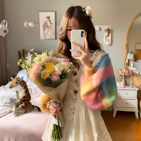 a giraffe holding a bouquet of flowers and a phone in a bedroom, cute, realistic