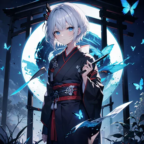 (((1 person)))　((high resolution　gray hair　short hair　black kimono　shoulder　knifeを構える))　((black band　samurai　lonely　despair　blue...