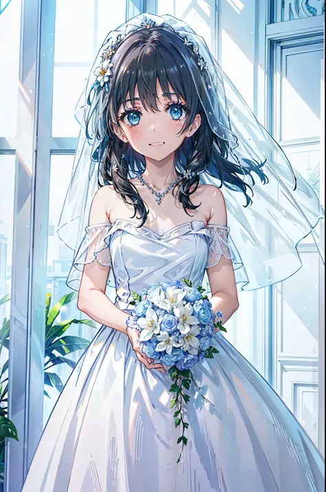 okay, saten ruiko, black hair, blue eyes, long hair, hair ornaments, floral decoration,grin,smile,veil,blush,wedding dress,off t...