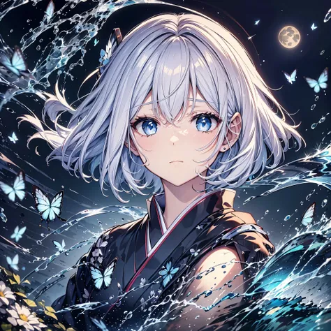 (((1 person)))　((High resolution　Gray Hair　short hair　Black kimono　Shoulder　knifeを構える　Flowing hair))　((Black Band　samurai　Lonely　despair　blue eyes))　((Blue Butterfly　night　Japanese style　old　Shining Aura　garden　shrine　torii　Catch the wind))　(dance　日本knife　...