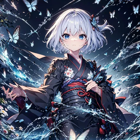 (((1 person)))　((High resolution　Gray Hair　short hair　Black kimono　Shoulder　knifeを構える　Flowing hair))　((Black Band　samurai　Lonely　despair　blue eyes))　((Blue Butterfly　night　Japanese style　old　Shining Aura　garden　shrine　torii　Catch the wind))　(dance　日本knife　...