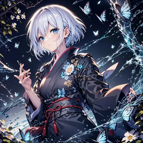 (((1 person))) ((High resolution Gray Hair short hair Black kimono Shoulder knifeを構える Flowing hair)) ((Black Band samurai Lonely despair blue eyes)) ((Blue Butterfly night Japanese style old Shining Aura garden shrine torii Catch the wind)) (dance 日本knife ...