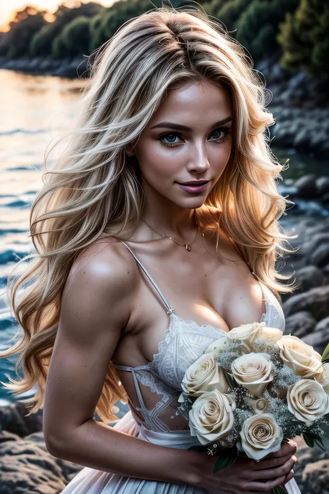 (from low:1.4), filmed from ground level, 
a beautiful european blonde woman, 23 year old, wavy hair. She is a playboy magazine model. She has a subtle smile and flirts with the camera, (She is holding a bouquet of flowers that her husband just gave her. S...