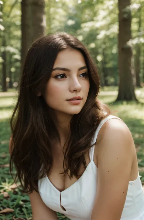 a beautiful brunette girl in a white dress sitting in a park, detailed face, mesmerizing eyes, luscious lips, long eyelashes, graceful pose, serene expression, sunlight filtering through the trees, vibrant green grass, picturesque landscape, (best quality,...