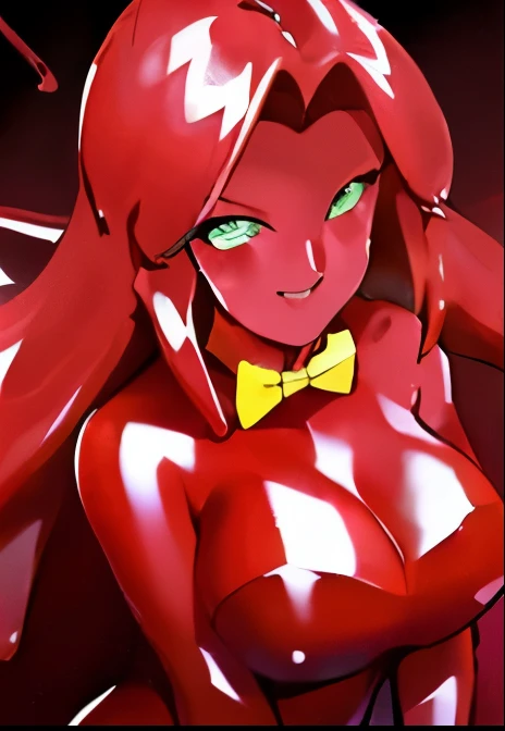 (masterpiece,best quality,ultra-delicate,Perfect Face,16k,high resolution,very beautiful woman),Red Slime Body, Green Eyes, Yellow bow tie,jamanen:1.3,((melting body,Melting legs, melting hair,melting breasts)) ,(Big Breasts),Long Hair,Shiny body,red Muddy...