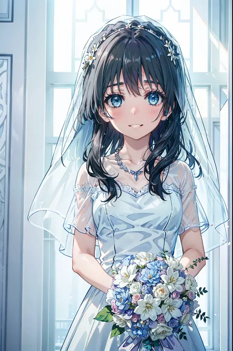 okay, saten ruiko, black hair, blue eyes, long hair, hair ornaments, floral decoration,grin,smile,veil,blush,wedding dress,off t...