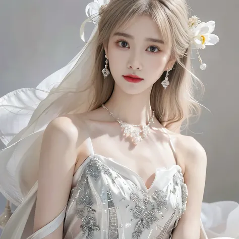 8K）、（Best image quality:1.5）、gray background、face close up、１girl、masterpiece、Delicate and sharp eyes、brown eyes、power of eyes、delicate face、cup、attractive face、platinum blonde hair、Half length wave、wedding dress、白いwedding dress、I can see your collarbone、fe...