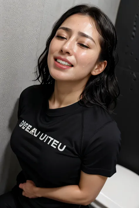 du, Highest quality, (Highly detailed CG Unity 8k wallpaper), (Highest quality),Edge Orgasm、face focus、Woman with open mouth and closed eyes、Edgy Woman_face、30 years old、Black Hair、Very small toilet、((Sweat) ),((Sweat and glowing skin))((Sweat makes your c...