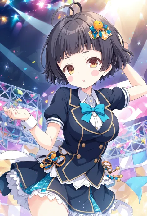 yamadahana, antenna hair ,black hair, short hair, brown eyes, hair ornament,, large breasts, live stage, , solo