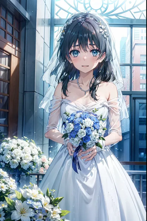 okay, saten ruiko, black hair, blue eyes, long hair, hair ornaments, floral decoration,grin,smile,veil,blush,wedding dress,off t...