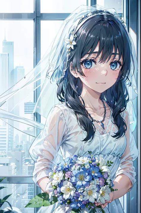 okay, saten ruiko, black hair, blue eyes, long hair, hair ornaments, floral decoration,grin,smile,veil,blush,wedding dress,off t...