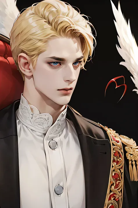 a tall male , blonde hair, demon, left wings black, right wings white, his eyes red, in the black hell, close up his face