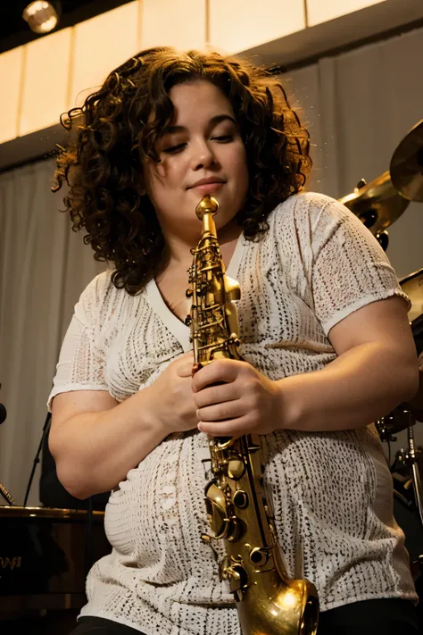 Chubby saxophonist musician with curly hair like a Disney-Pixar cartoon