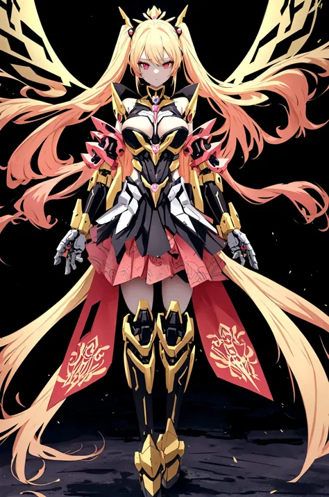 a beautiful magical girl with long blond hair and red eyes, wearing a magical girl style leotard combined with mecha style skirt and other mecha style accesories, full body turned towards the viewer, detailed face, extremely detailed eyes and face, hyper d...