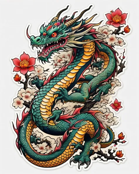 a traditional japanese tattoo design, a dragon in neo japanese style, sticker art, pale skin, highly detailed, intricate, dynami...