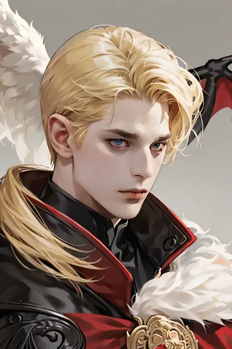 a tall male , blonde hair, demon, left wings black, right wings white, his eyes red, in the black hell, close up his face