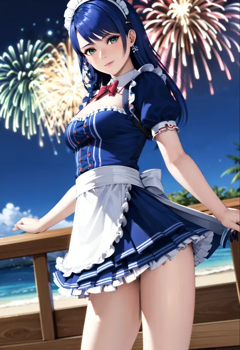 lobelia, 1girl, maid outfit, look at the view, balconies, fireworks, high quality, masterpiece