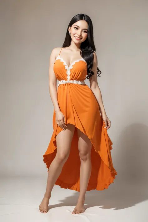 create a 28 year old Brazilian woman, long black hair, barefoot, white backdrop, wearing a orange dress, full body, smiling,