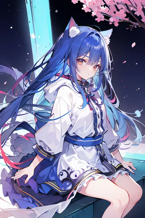 （masterpiece：1.2），Super detailed，lifelike，Expressive eyes，fair skin，perfect face shape，1 girl，
Japanese comics,Gorgeous blue hair,flowing blue hair,flowing clothes,Cat ears,Petals fall,beautiful lola,Baby Angel,
Shaking head with one hand，Cross your legs，G...