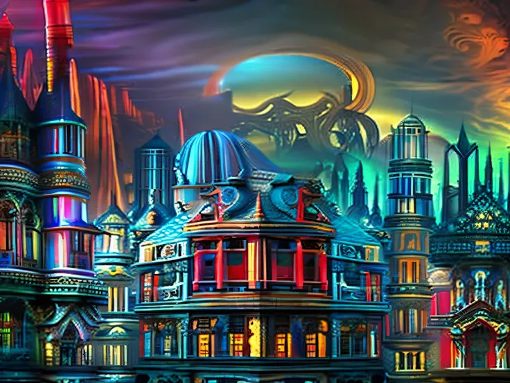 surreal cityscape with colorful fractal, creepy fractal shapes, stone buildings, horror, dark space,cthulhu style