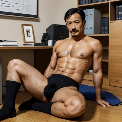 40 years old，Hidetoshi Nakata，（Kogoro Mori 1.3），male，Topless，Densely hairy，Bright，Raised，Fortitude，office，Suit，Tights，whole body，Fortitude，HD，With a mustache，Black socks，