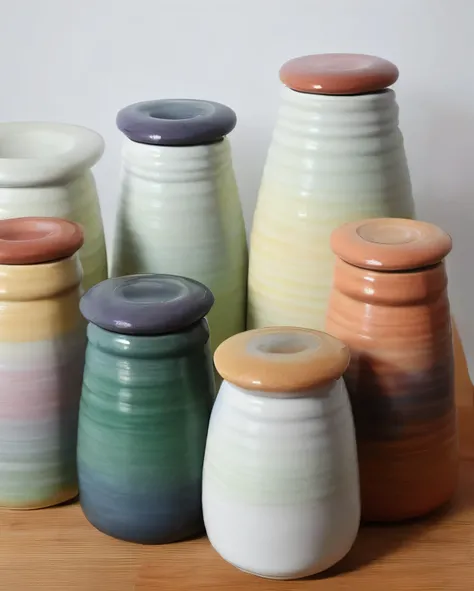 (Still),Colored glaze ceramics, containers,Vision,Lots of white space,(masterpiece), (best quality), Simple background, Rule of Thirds, (Still) Colored glaze ceramics, Backlight, real life, lifelike, actual, no humans, wood
