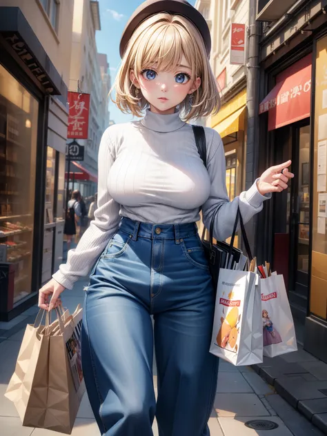 masterpiece、最high quality、high quality、Disorganized、((Add Layer))、(sfw)、(Real、最high quality、masterpiece)、Official Art、8K、Cinematic Light、Very high resolution、
 Elizabeth、Saggy breasts、Medium breast、Sweater dress、Denim pants、Shopping bag、background（(Brand S...